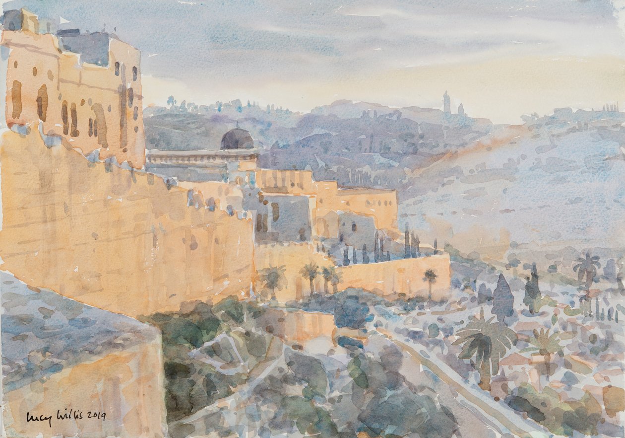 Solopgang på bymuren, Jerusalem, 2019 (w/c på papir) af Lucy Willis