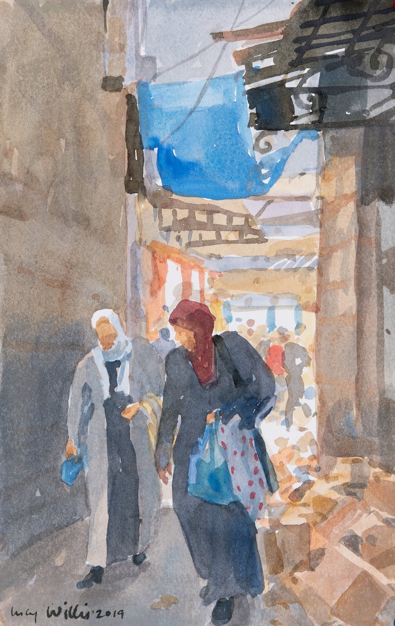 Den blå markise ved Damaskus-porten, Jerusalem, 2019 (w/c på papir) af Lucy Willis