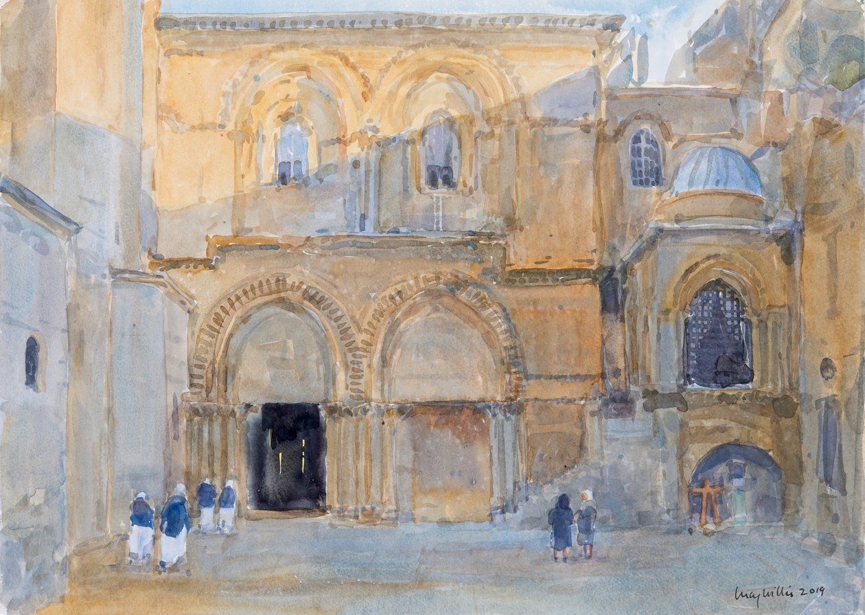 Den Hellige Gravs Kirke ved Dawn, Jerusalem, 2019 (w/c på papir) af Lucy Willis