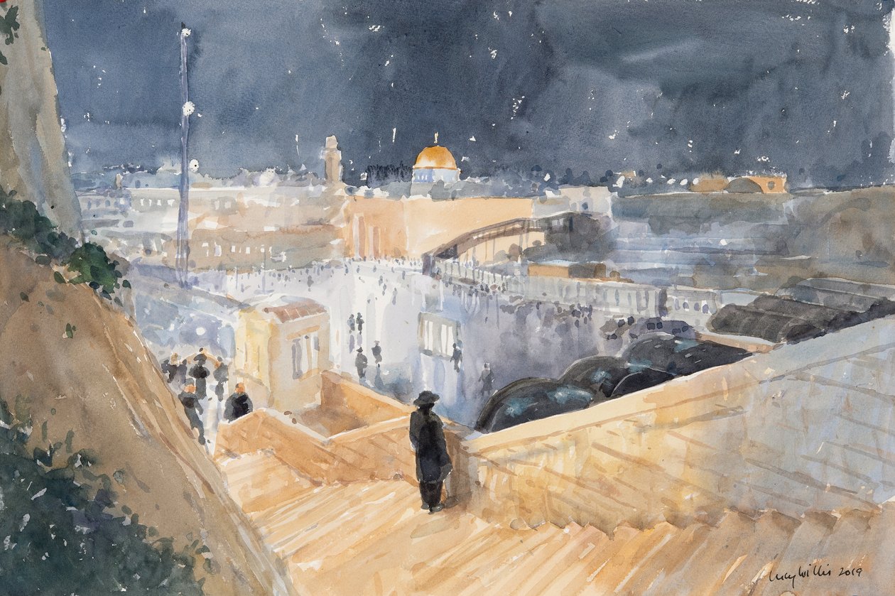 The Western Wall, Night, Jerusalem, 2019 (w/c på papir) af Lucy Willis