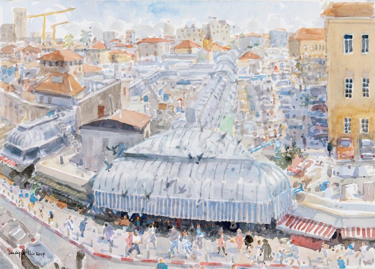 Udsigt fra balkonen, Mahane Yehuda, Jerusalem, 2019 (w/c på papir) af Lucy Willis