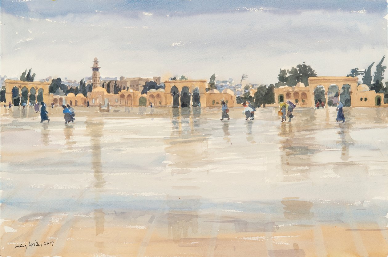 Vind og regn på Tempelbjerget, Jerusalem, 2019 (w/c på papir) af Lucy Willis