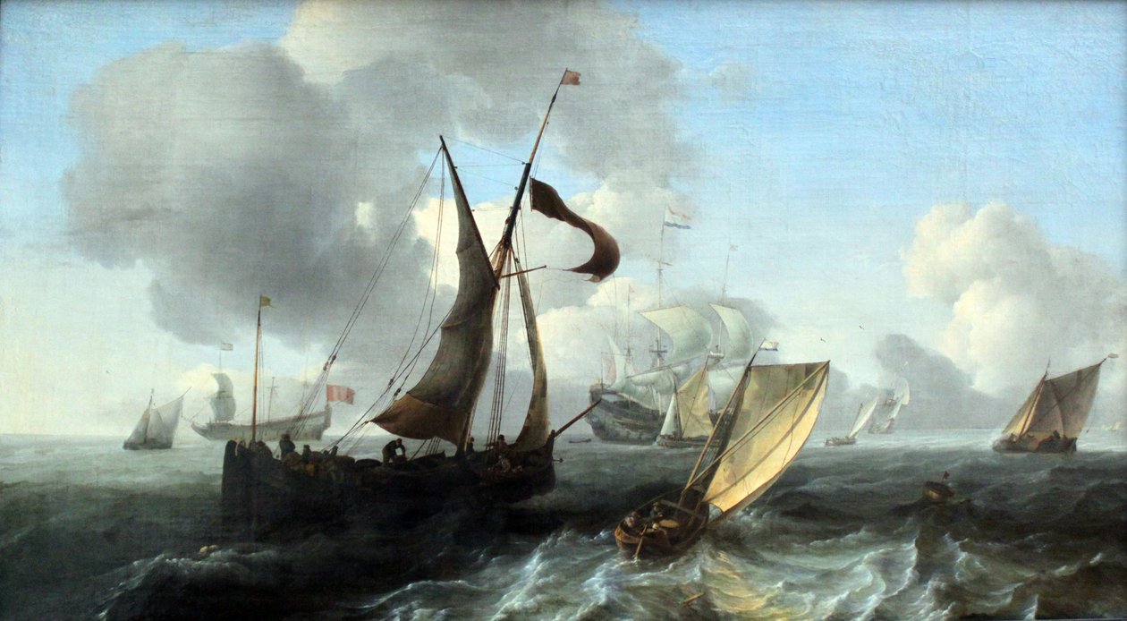 Lidt bevægeligt hav med skibe af Ludolf Bakhuizen