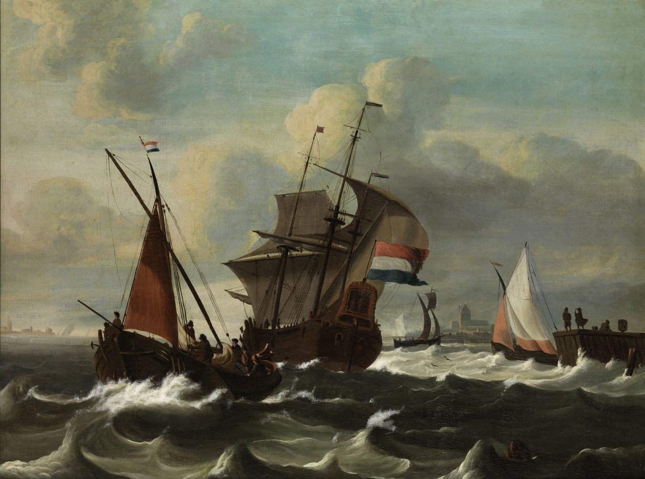 Marinestykke med en hollandsk flagsk tremester af Ludolf Bakhuizen