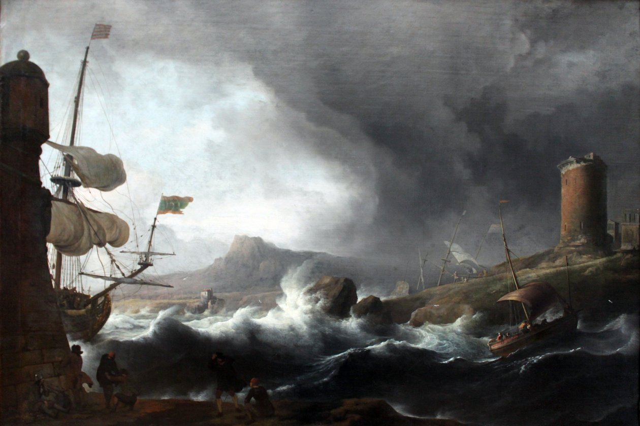 Stormfuldt hav på en bjergrig kyst af Ludolf Bakhuizen
