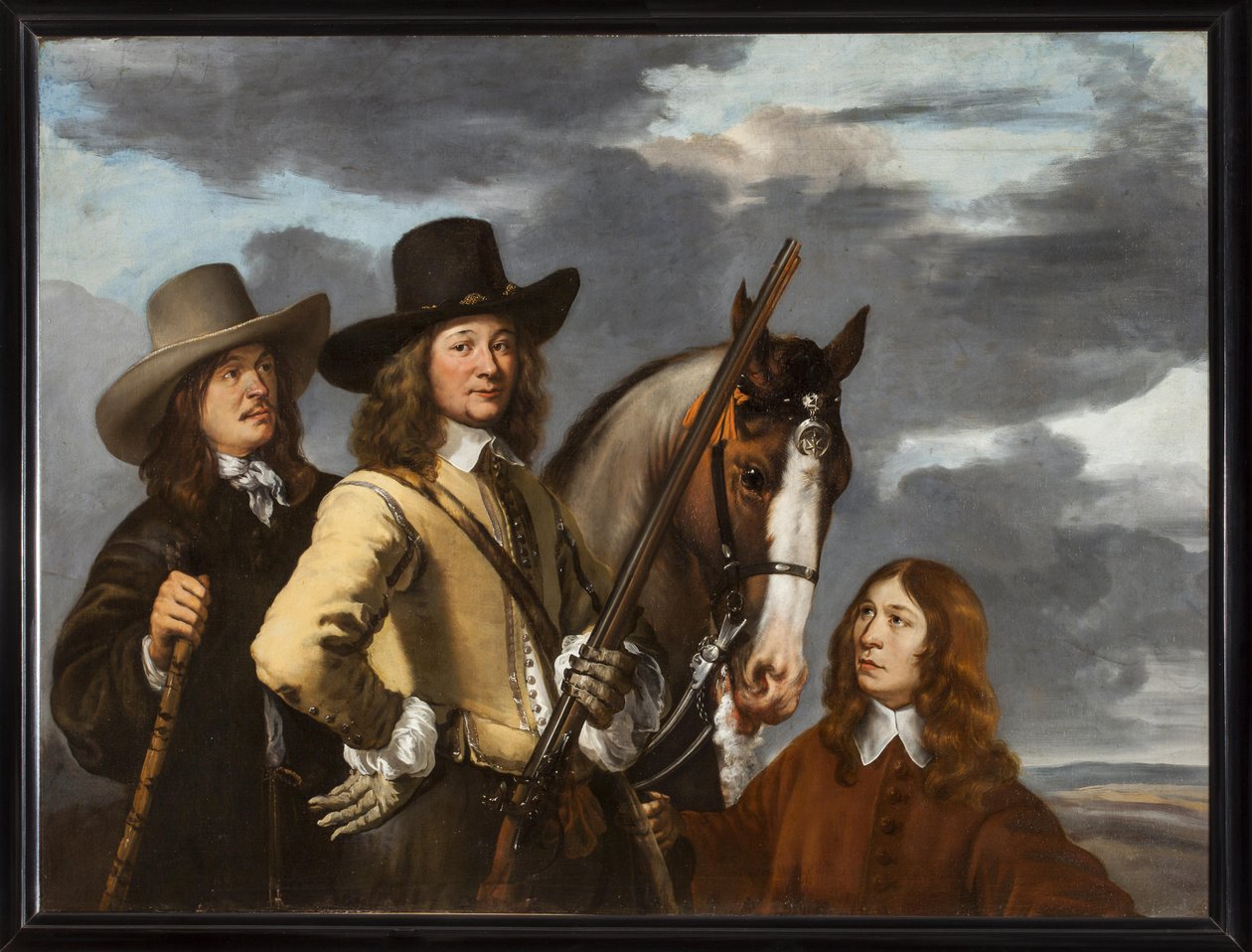 Portræt af Willem Everwijn med sin hest og to jagere af Ludolf de Jongh