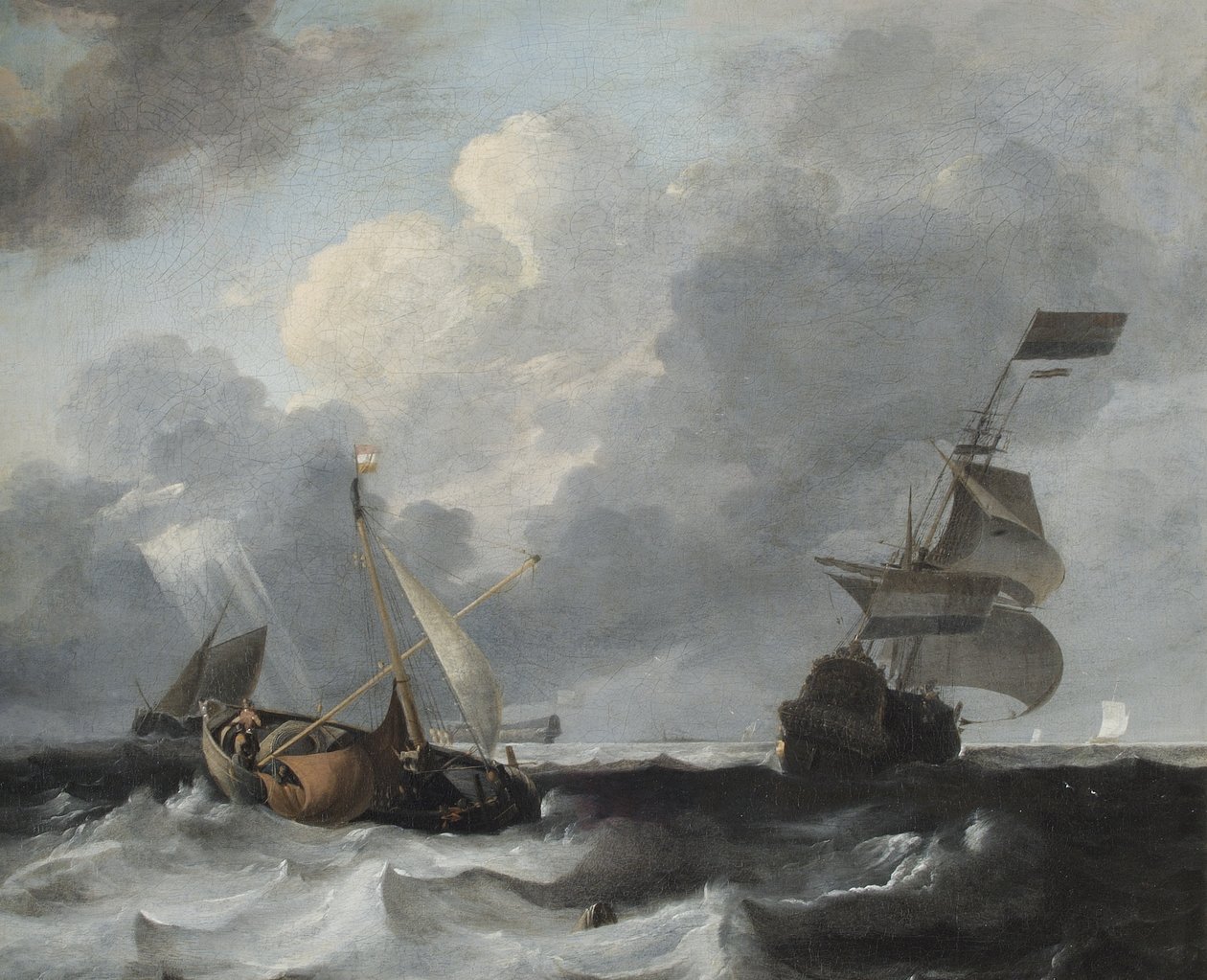 En storm ud for kysten med mænd o krig og fiskerbåde af Ludolf Backhuysen