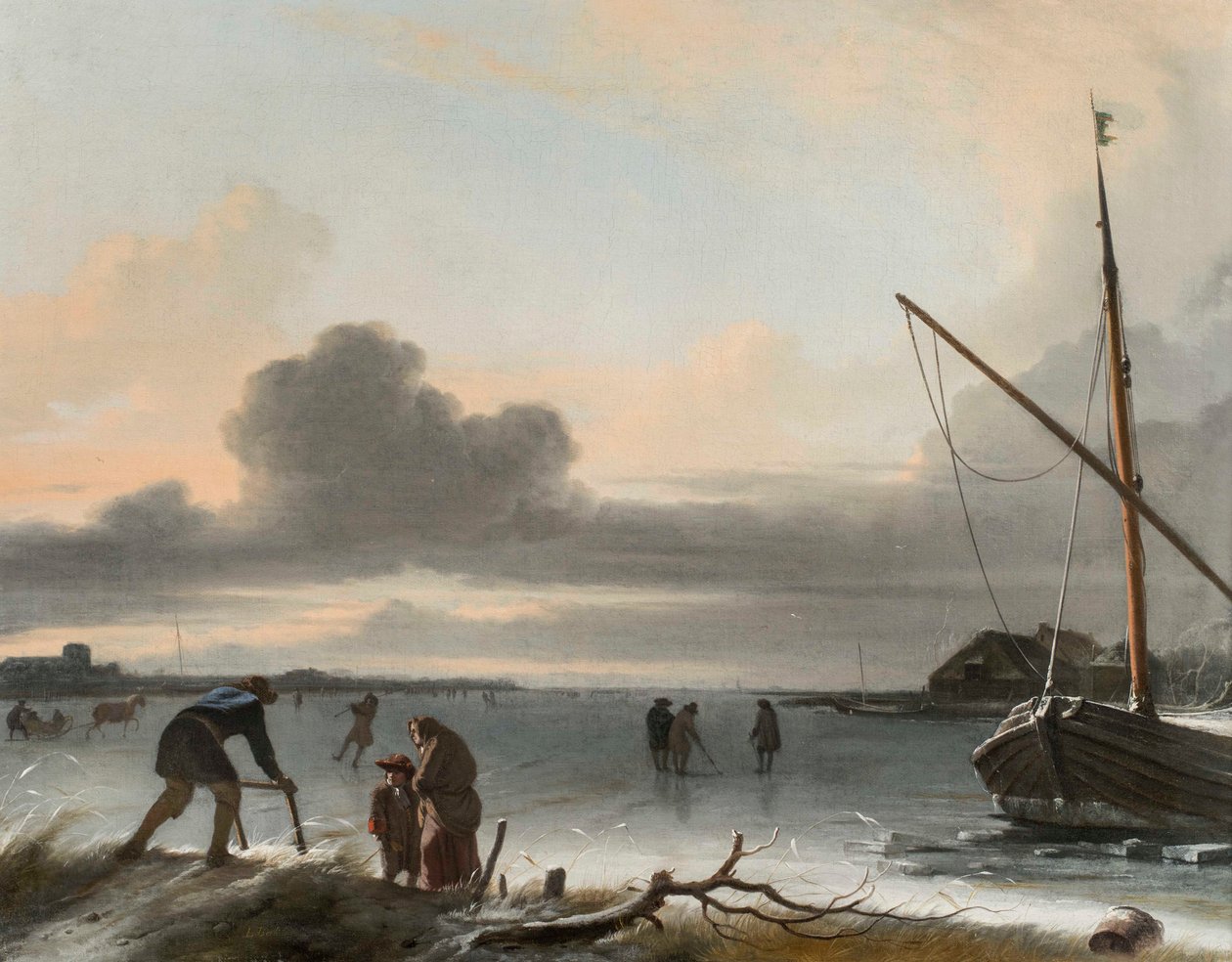 Et vinterlandskab med slæder, skatere og golfspillere på en frossen sø af Ludolf Backhuysen