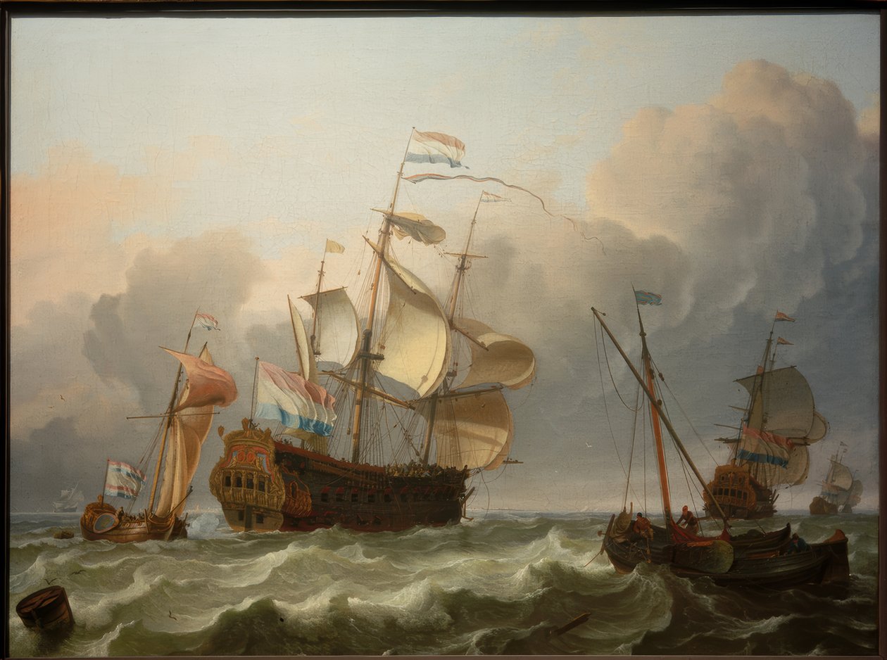 Et hollandsk flagskib med en yacht foran agterstavnen af Ludolf Backhuysen