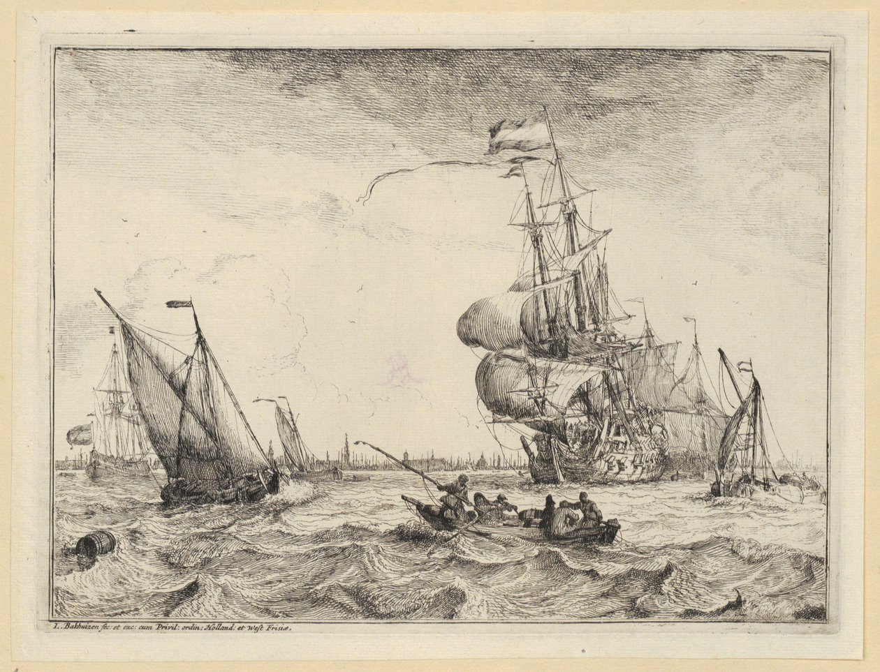 En pram og flere sejlskibe på et stormfuldt hav ud for Amsterdam, blad 4 fra serien «Søstykker med udsigter over IJ, Amsterdam, Rotterdam og Katwijk» (Hollstein nr. 1-10) af Ludolf Backhuysen