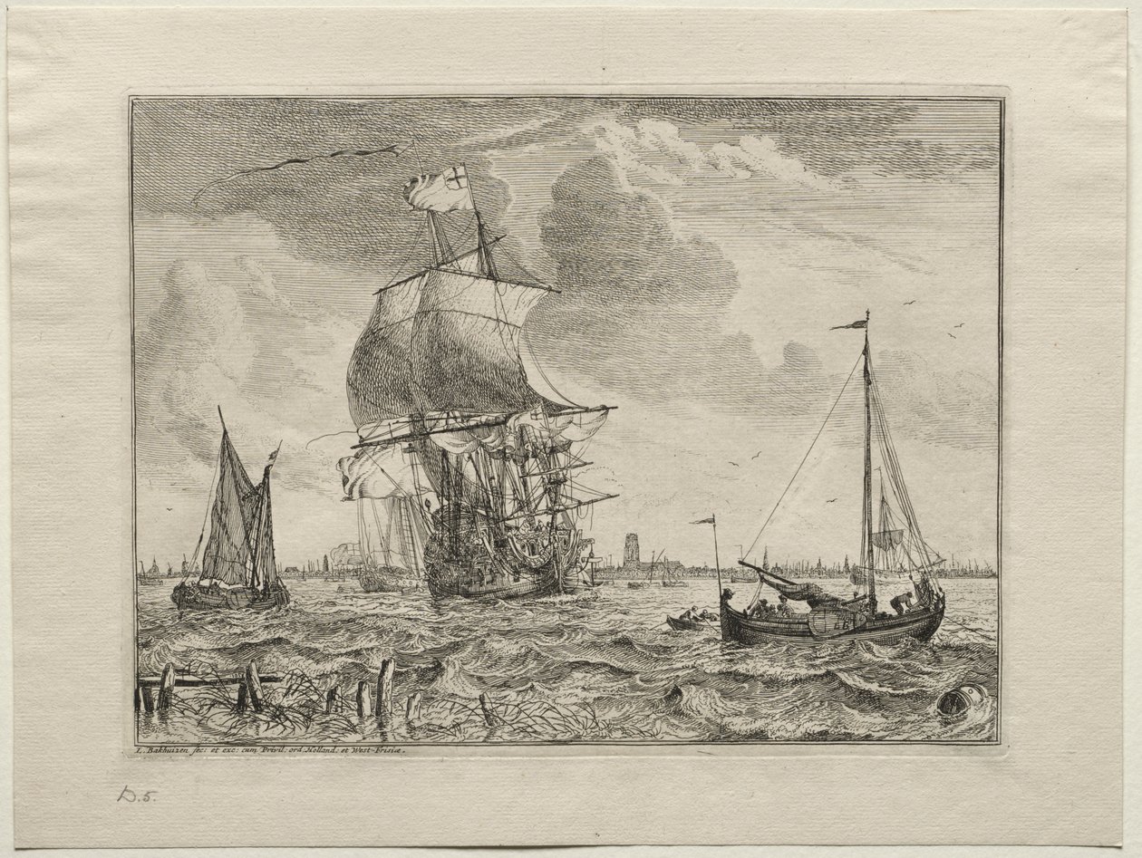 Marinescene med Amsterdam i det fjerne af Ludolf Backhuysen