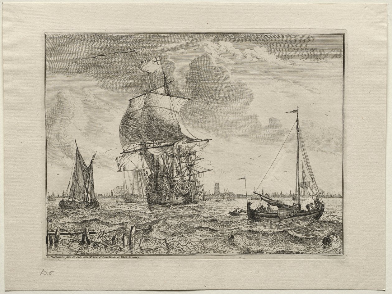 Marinescene med Amsterdam i det fjerne, 1701. af Ludolf Backhuysen