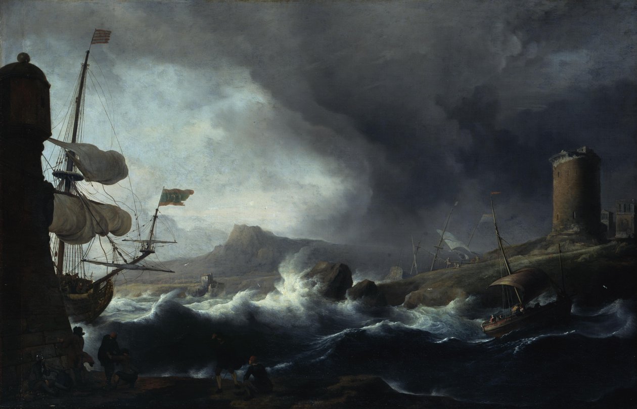 Stormfuldt hav ved en bjergrig kyst af Ludolf Backhuysen