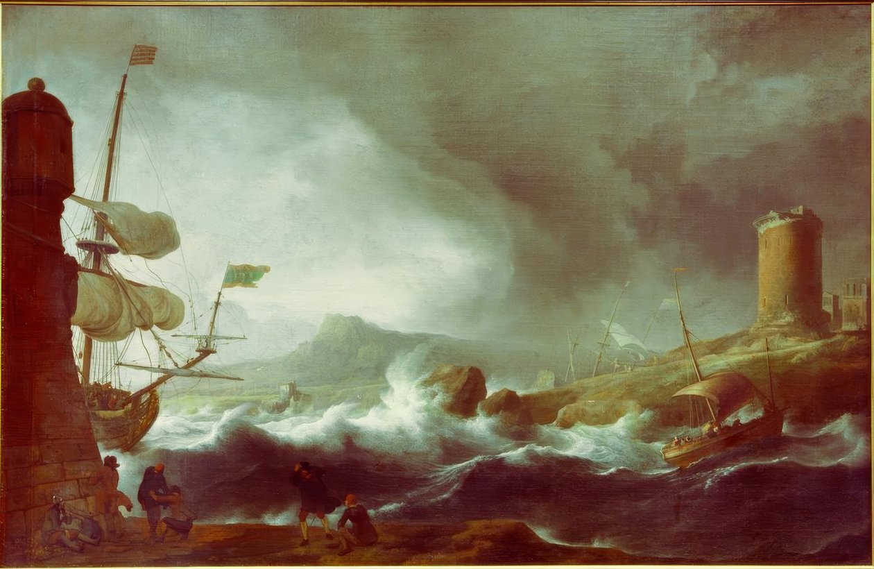Stormfuldt hav på en bjergrig kyst af Ludolf Backhuysen