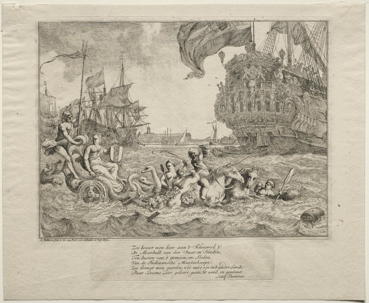 Personificeringen af Amsterdam, der kører i Neptuns vogn af Ludolf Backhuysen