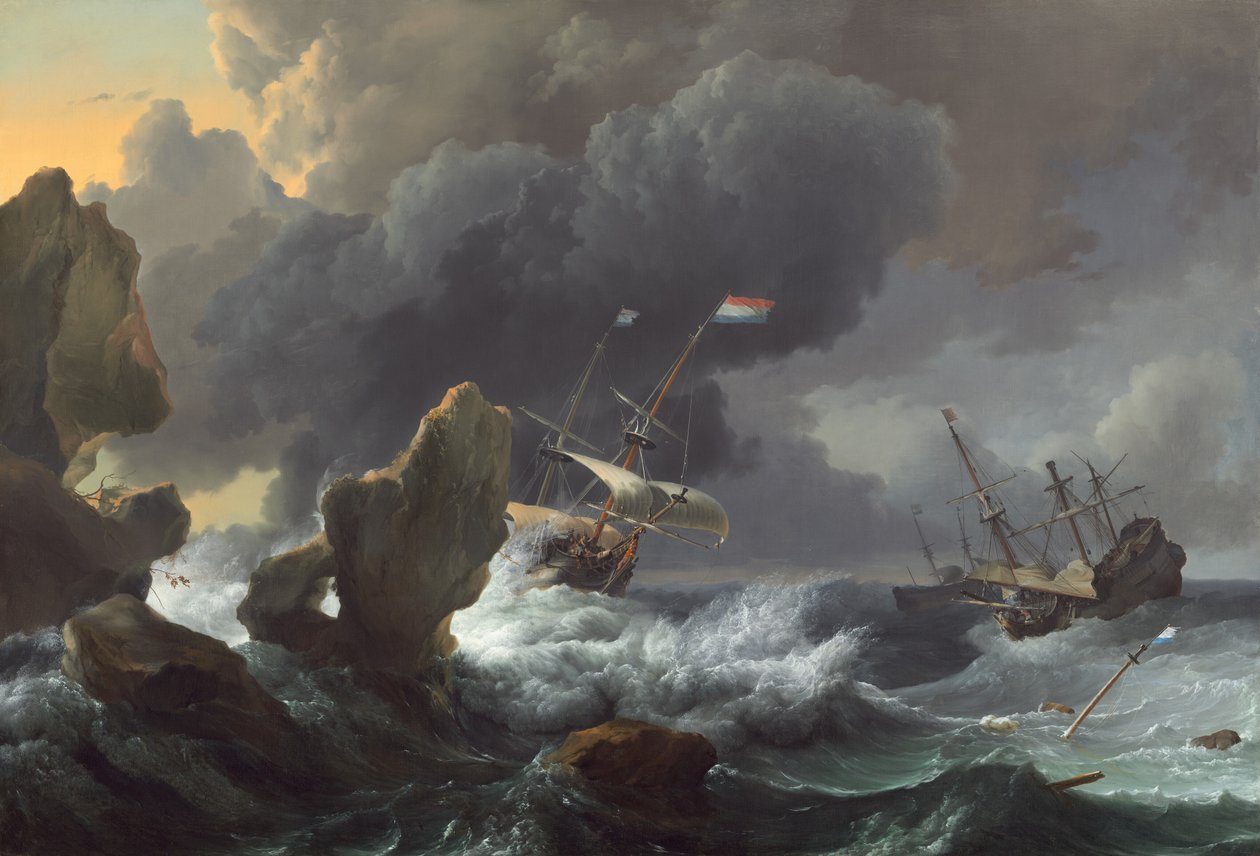 Skibe i nød ud for en klippekyst, 1667. af Ludolf Backhuysen I
