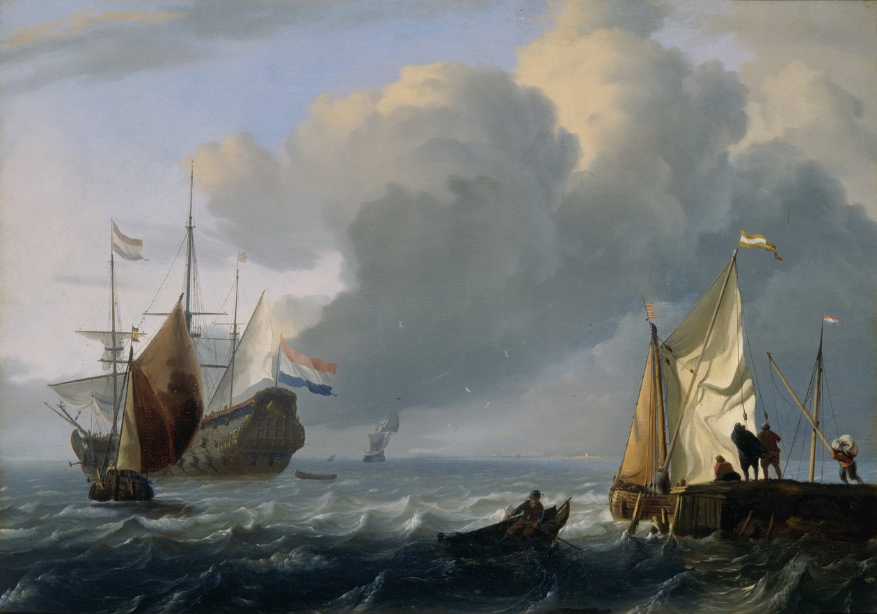 Hollandsk fregat og andre skibe ud for kysten, ca. 1690 (olie på egetræspanel) af Ludolf Bakhuizen