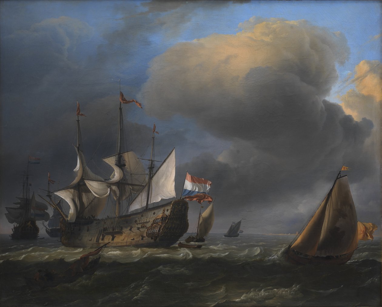 Havlandskab med hollandske krigsmænd og fiskerbåde af Ludolf Bakhuizen