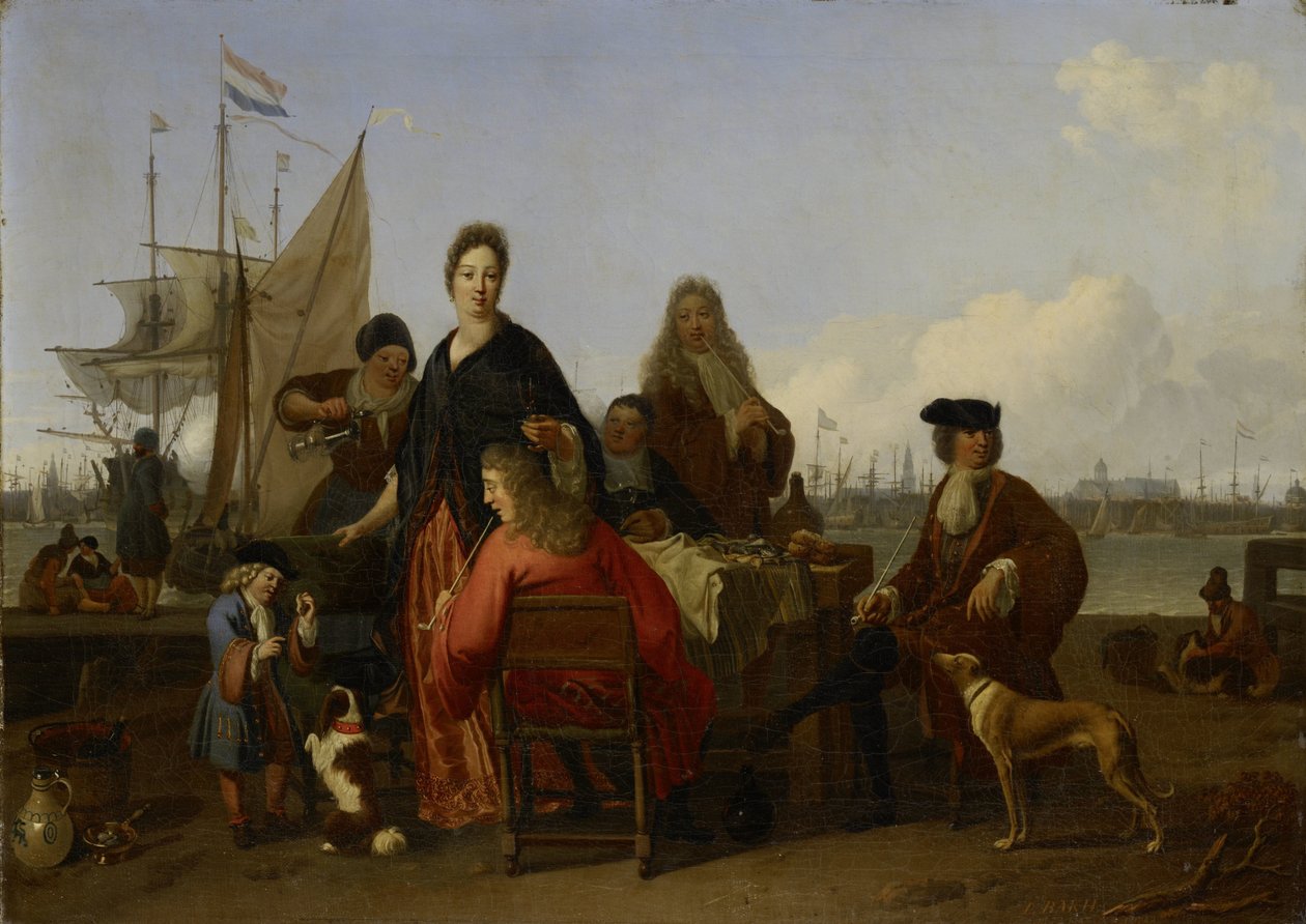 Familierne Bakhuysen og de Hooghe spiste på Mosselsteiger (Muslingemolen) på Y, Amsterdam af Ludolf Bakhuysen (signed by artist)