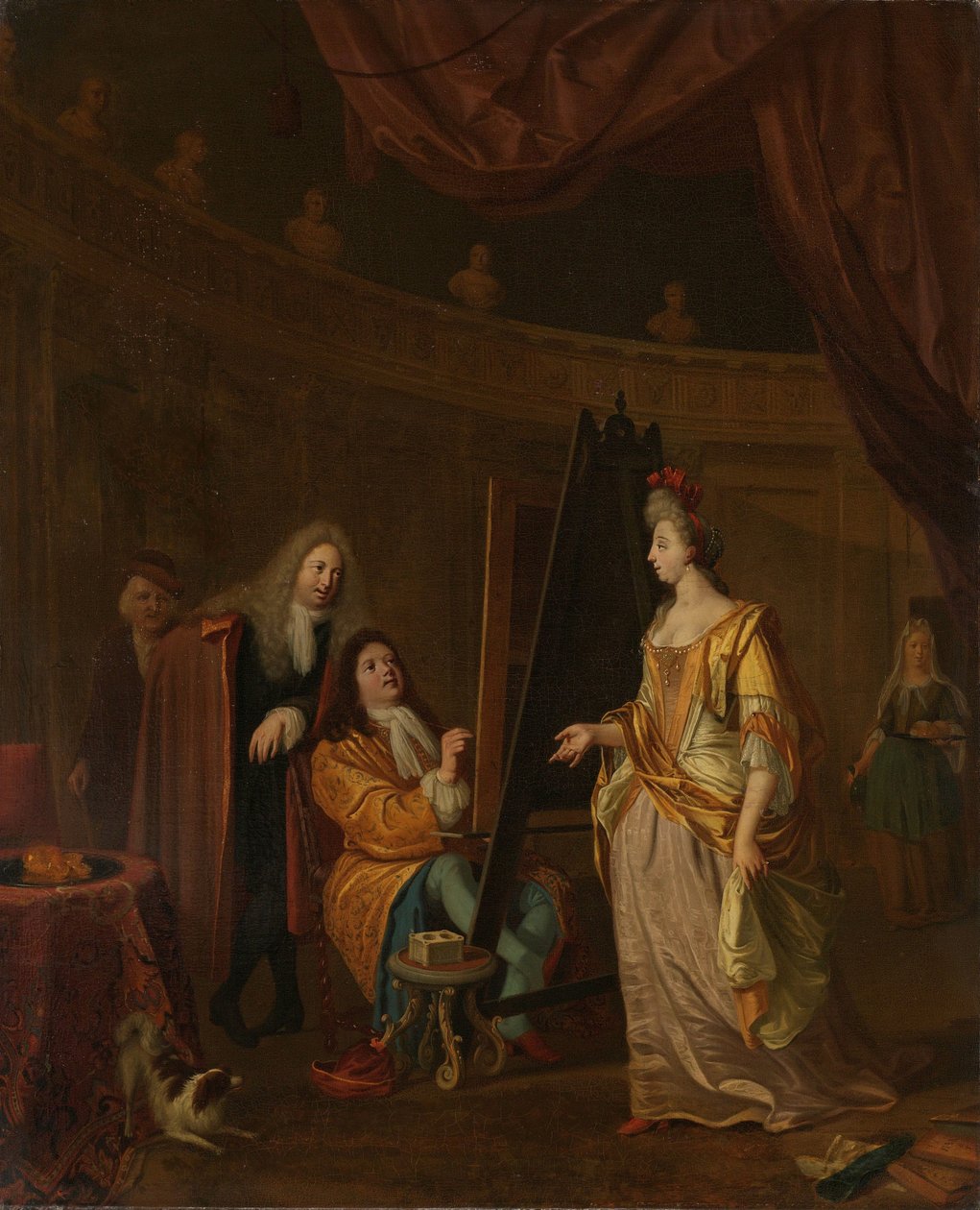 En kunstner i sit atelier, der maler portrættet af en dame af Ludolf Bakhuysen