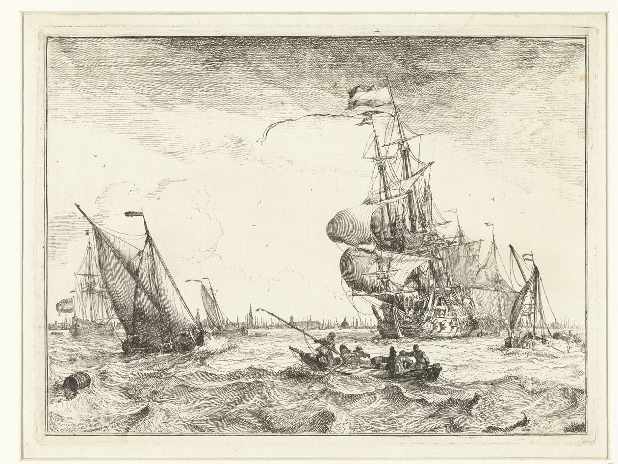 Udsigt over IJ med robåd Seascapes (serietitel) af Ludolf Bakhuysen