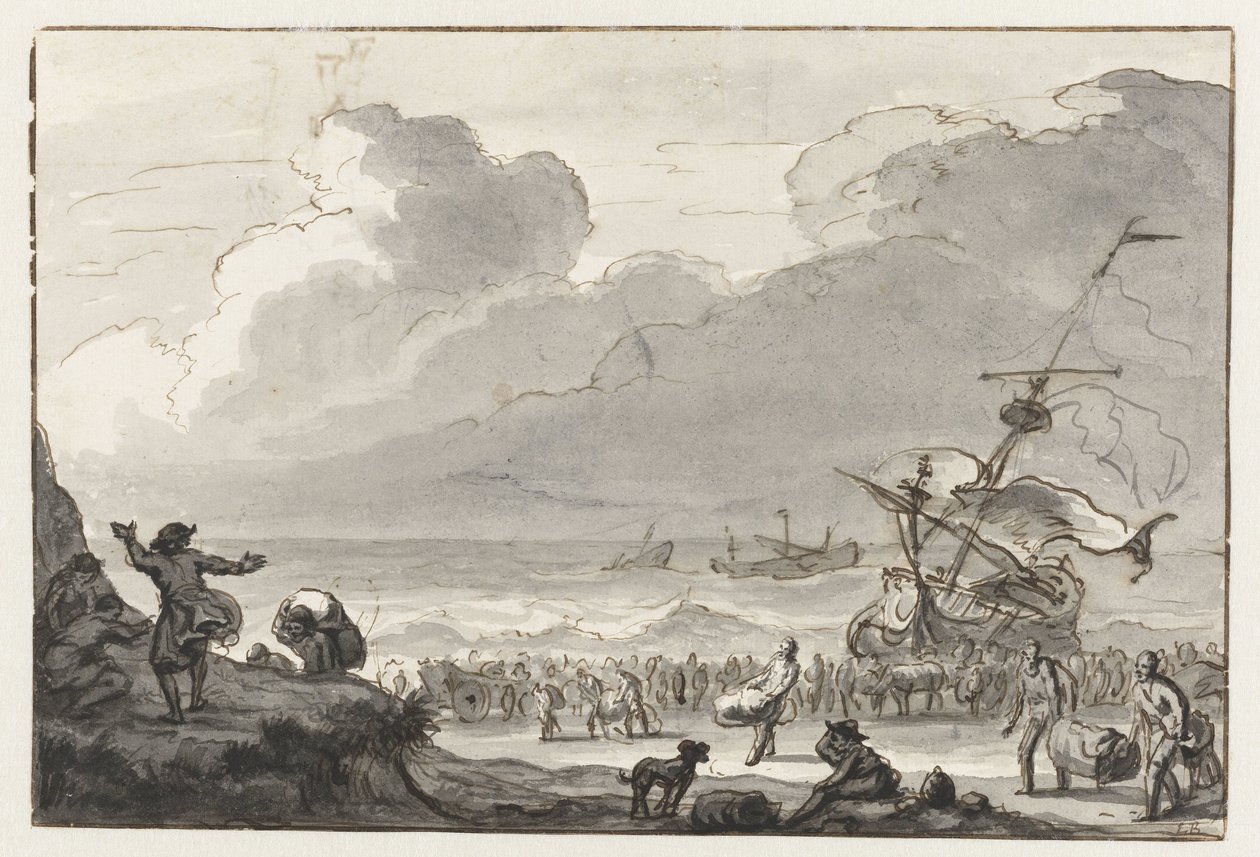 Last fra et skib bringes i land af Ludolf Bakhuysen