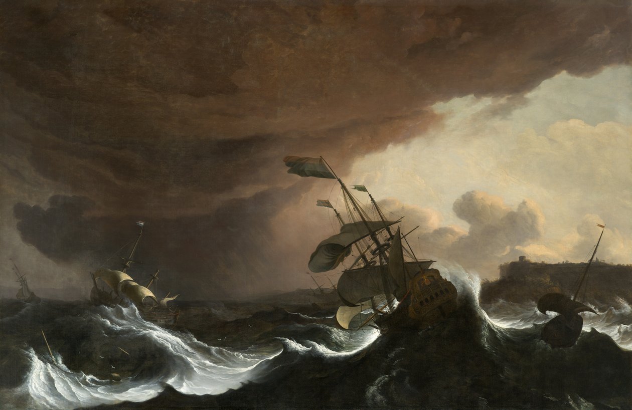 Skibe i et stormfuldt hav ud for en kyst, omkring 1700-1705 (olie på lærred) af Ludolf I Backhuysen