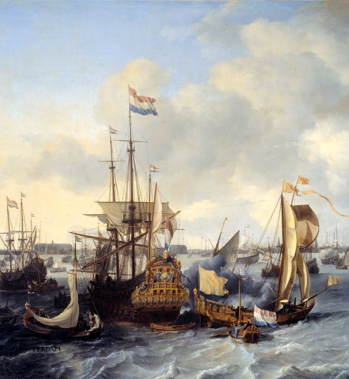 Udsigt over Amsterdams havn fra i detaljer. Maleri af Ludolf Backhuysen (1631-1708) 1666 søn. 1,28x2,21 m af Ludolf I Backhuysen