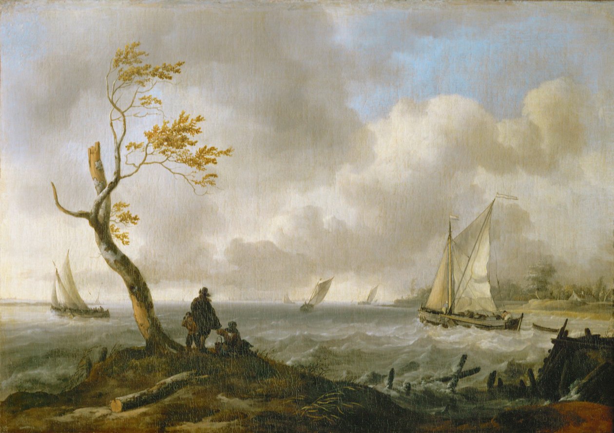 Fiskerbåde og coastere i hårdt vejr ... af Ludolf I Backhuyzen