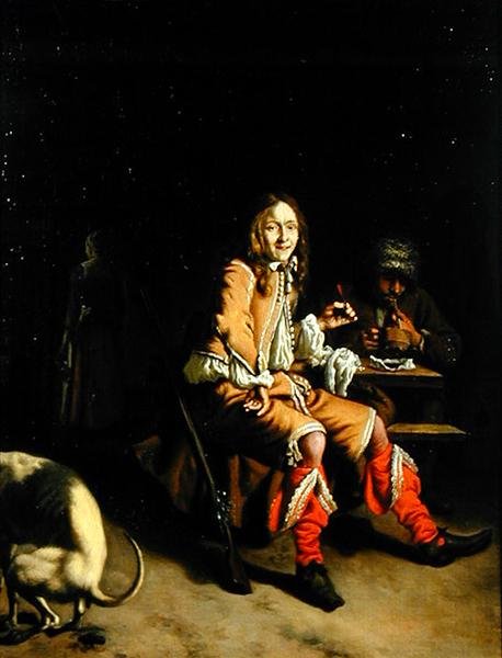 En jæger, der drikker i et værtshusinteriør (olie på lærred) af Ludolf de Jongh