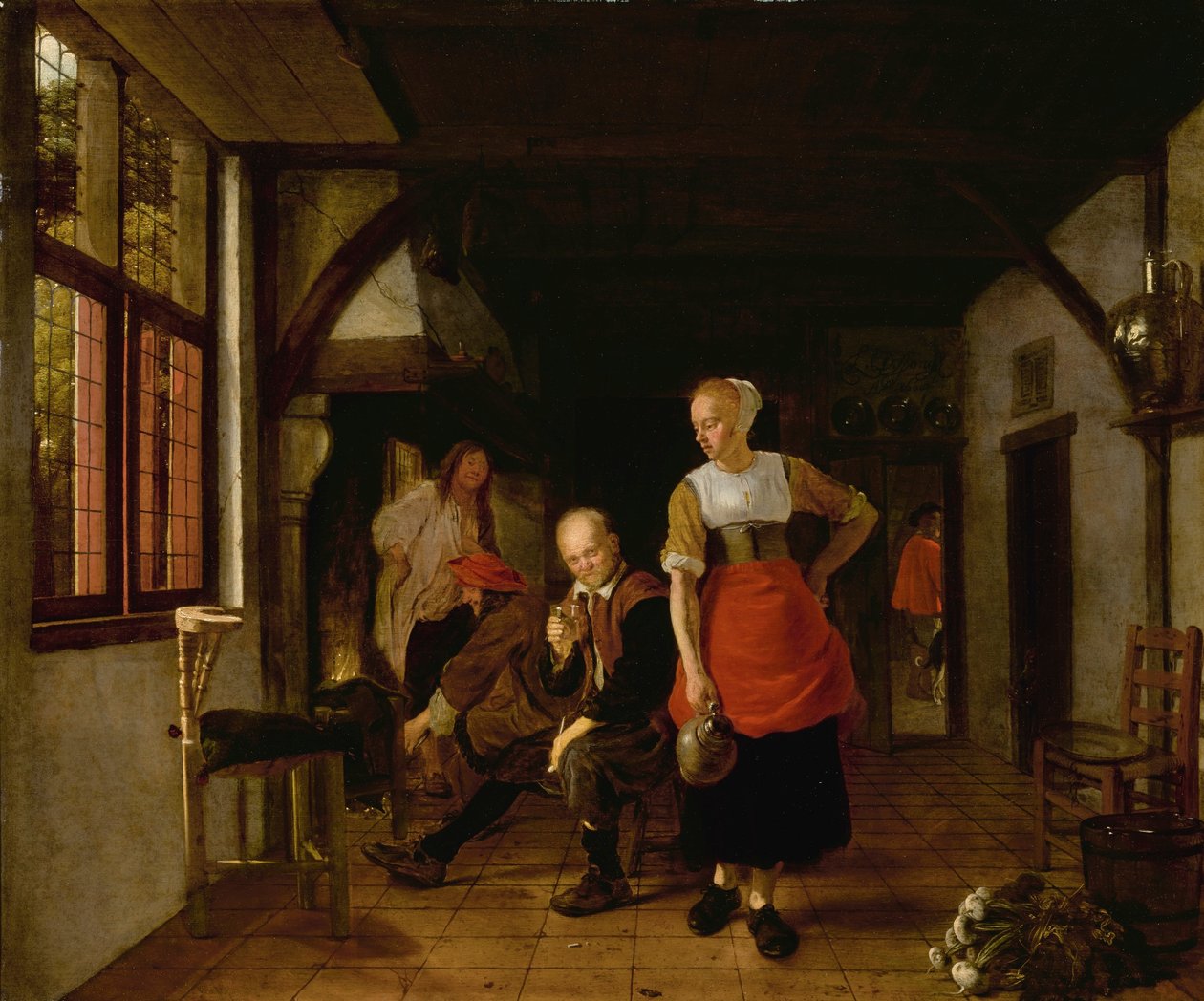 En tjenestepige med en kande og tre mænd ved bålet af Ludolf de Jongh