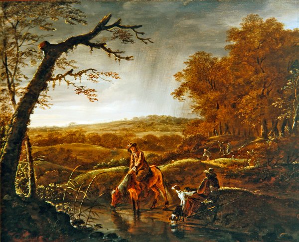 Jægere i ro med hest og hunde ved et vandløb, ca. 1650 (olie på panel) af Ludolf de Jongh