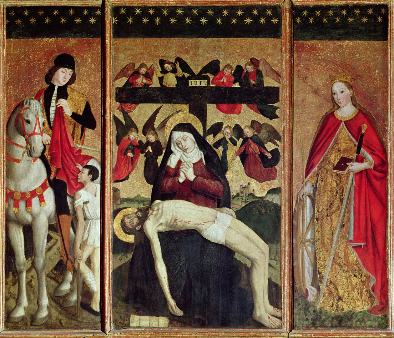 Triptychon med Pieta mellem Sankt Martin og Sankt Katharina, 1475 af Ludovico Brea
