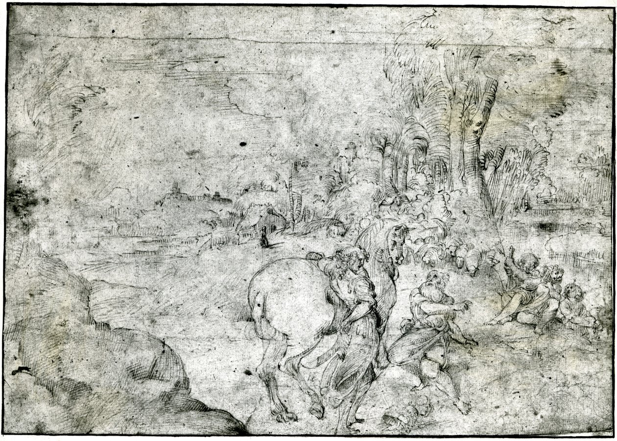 Erminia ja paimenet, n. 1600 (kynä ja muste paperille) af Ludovico Carracci