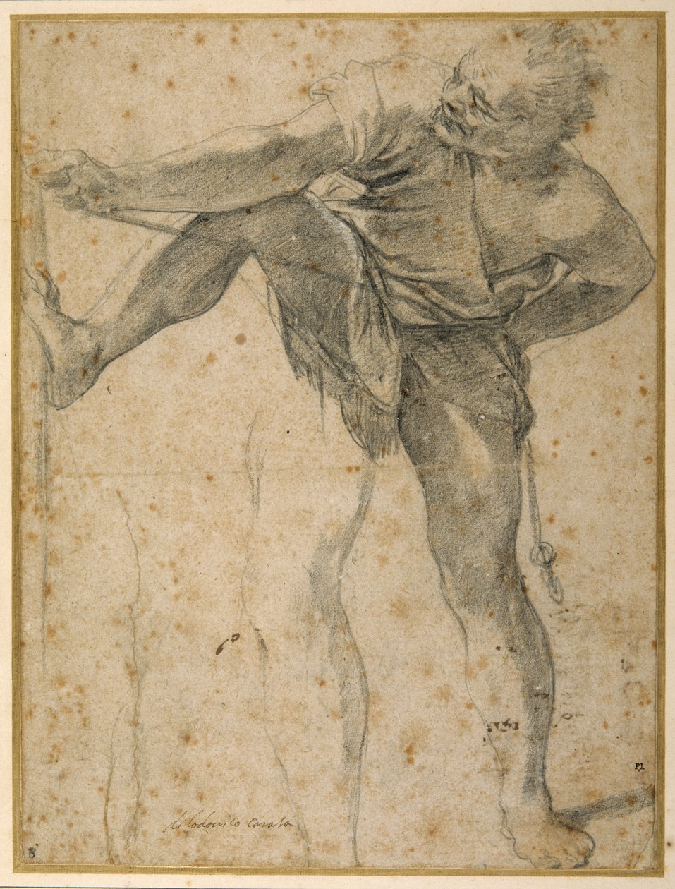 Mand trækker i et reb, hans venstre ben øvede sig en anden gang (sort kridt på papir) af Ludovico Carracci