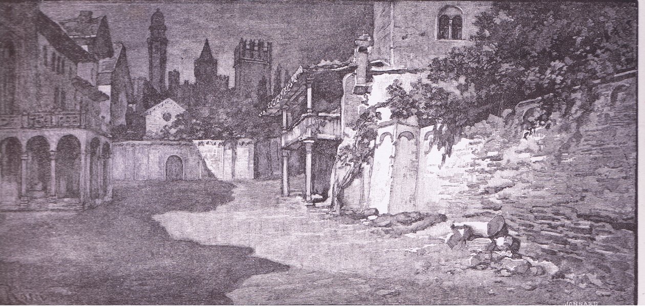 Et åbent sted ved siden af Capulets have, illustration fra Romeo og Julie, af Ludovico Marchetti