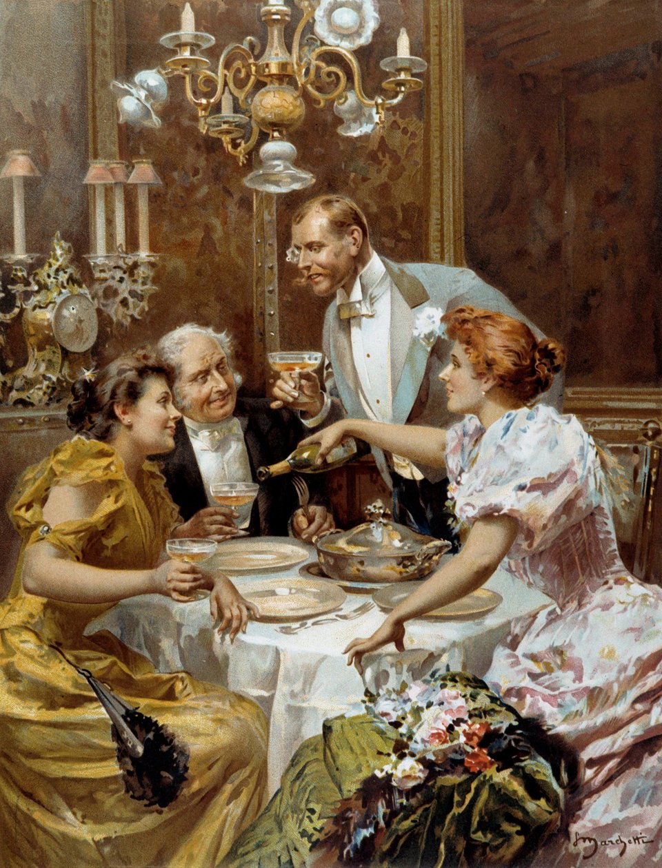 Smuk tid: "" den fine aftensmad""" To par i en privat lounge drikker champagne. Illustration af Ludovico Marchetti (1853-1909) 1893 Privat samling af Ludovico Marchetti