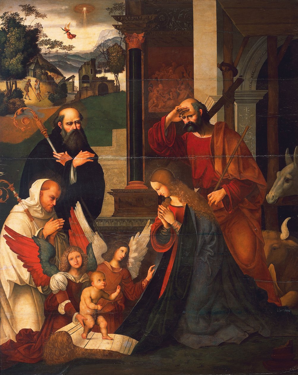Fødsel med Sankt Bernard og Sankt Alberico, ca 1505-1510, af Ludovico Mazzolino (ca 1480-ca 1530), olie på lærred, 219x176 cm af Ludovico Mazzolino