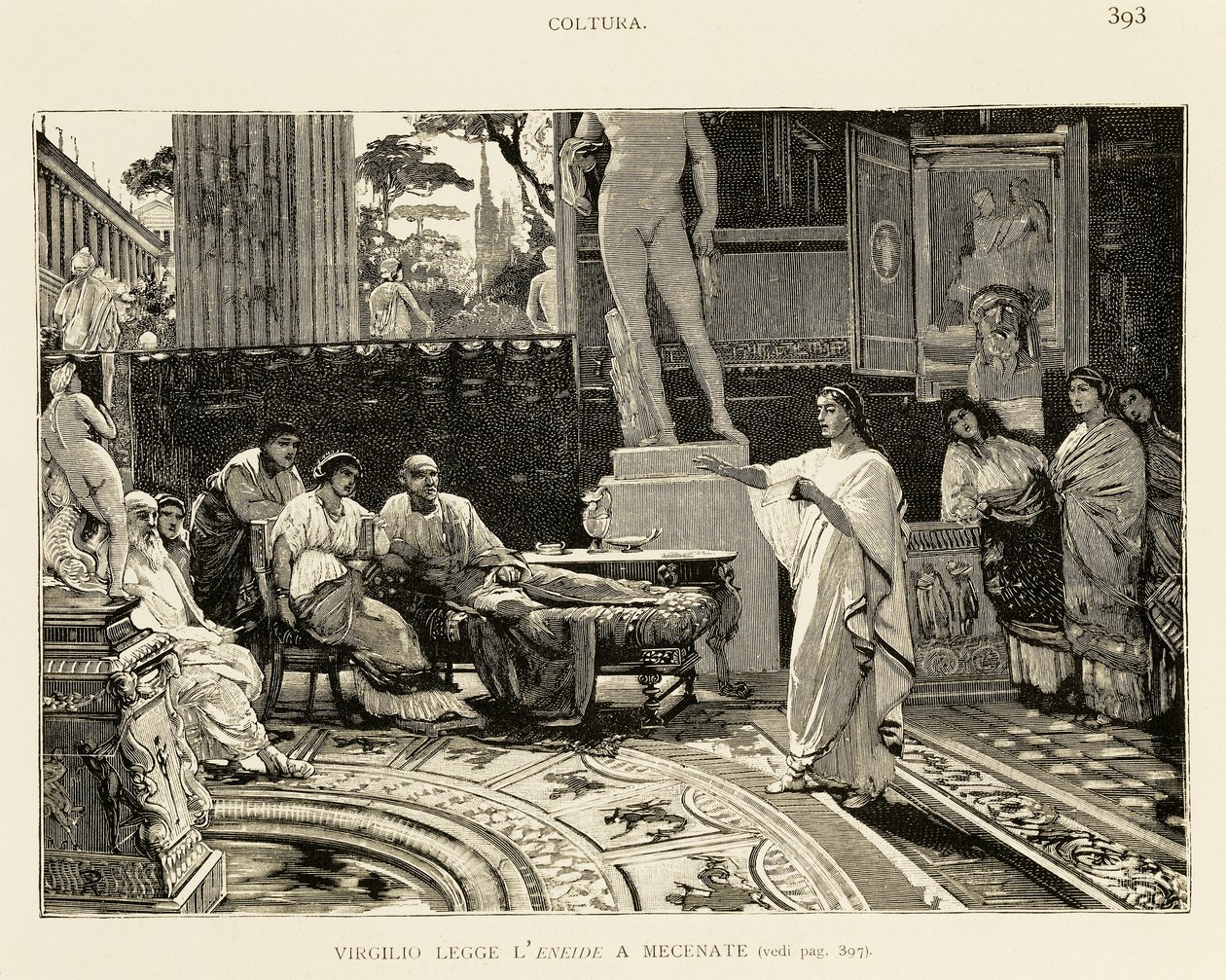 Maecenas lytter til Virgil læser Aeneid, illustration af Lodovico Pogliaghi (1857-1950) til Roms tidlige historie, af Francesco Bertolini (1836-1909), Fratelli Treves udgave, Milano af Ludovico Pogliaghi