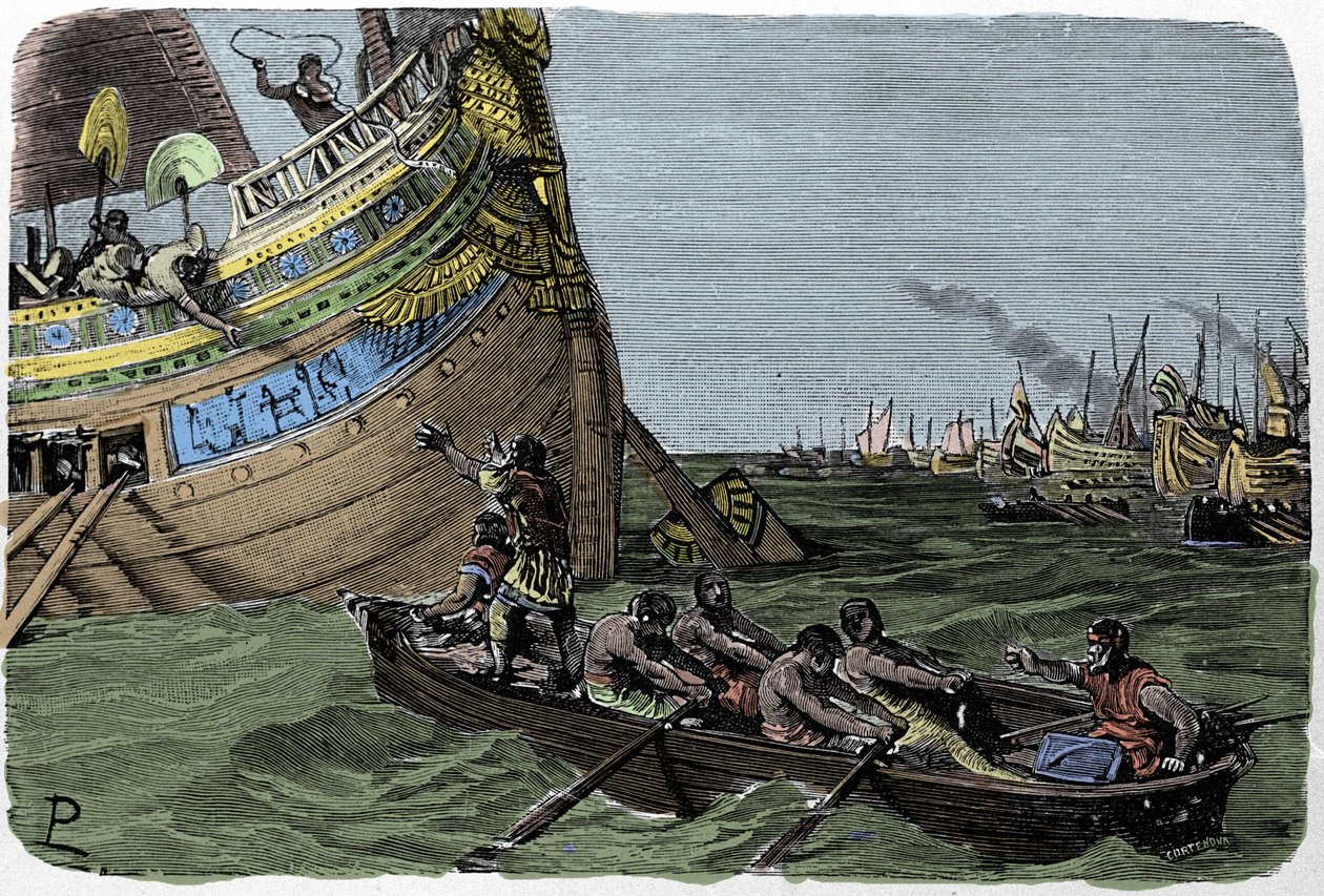 Marc Antoine (83-30 f.Kr.) slutter sig til Cleopatre (51-30 f.Kr.) på flugt efter nederlaget i slaget ved Actium den 2/09/31 f.Kr., illustration af Ludovico Pogliaghi fra "Storia d