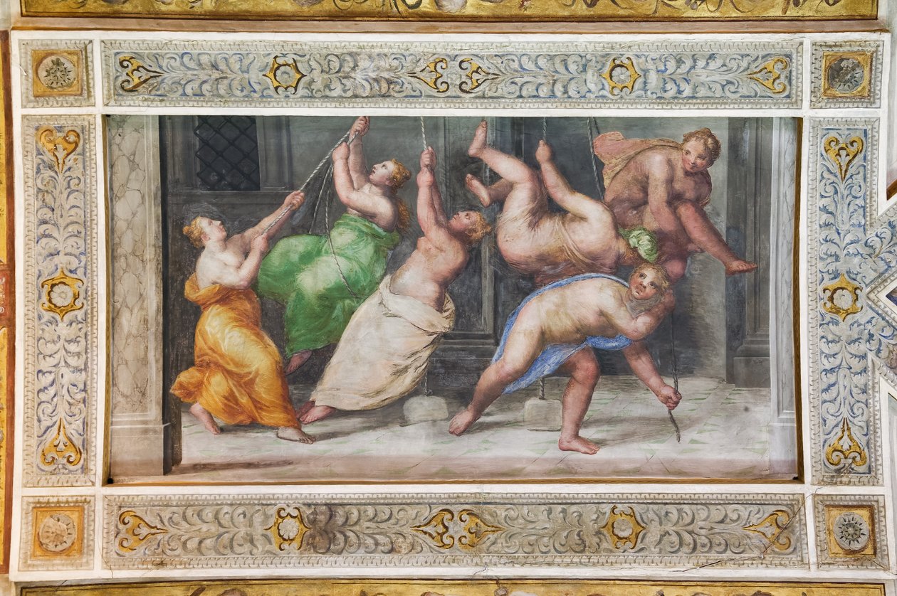 Pyrrhichios-dansen, detalje af loftet i Hall of Games (fresco) af Ludovico Settevecchi