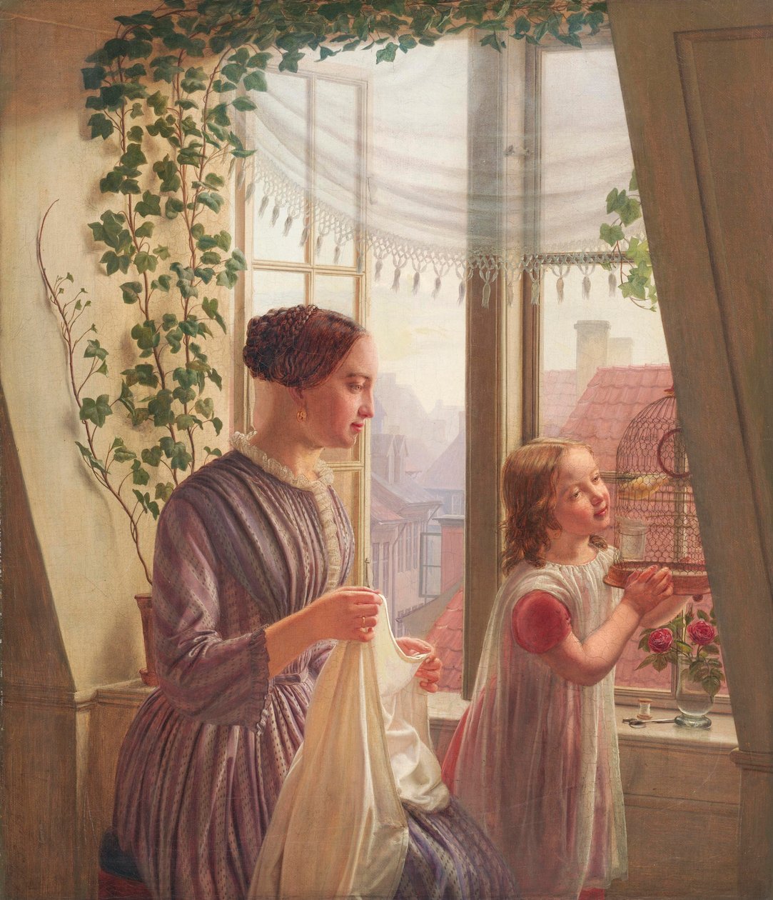 Interiør med mor og datter ved et vindue, 1853 af Ludvig August Smith