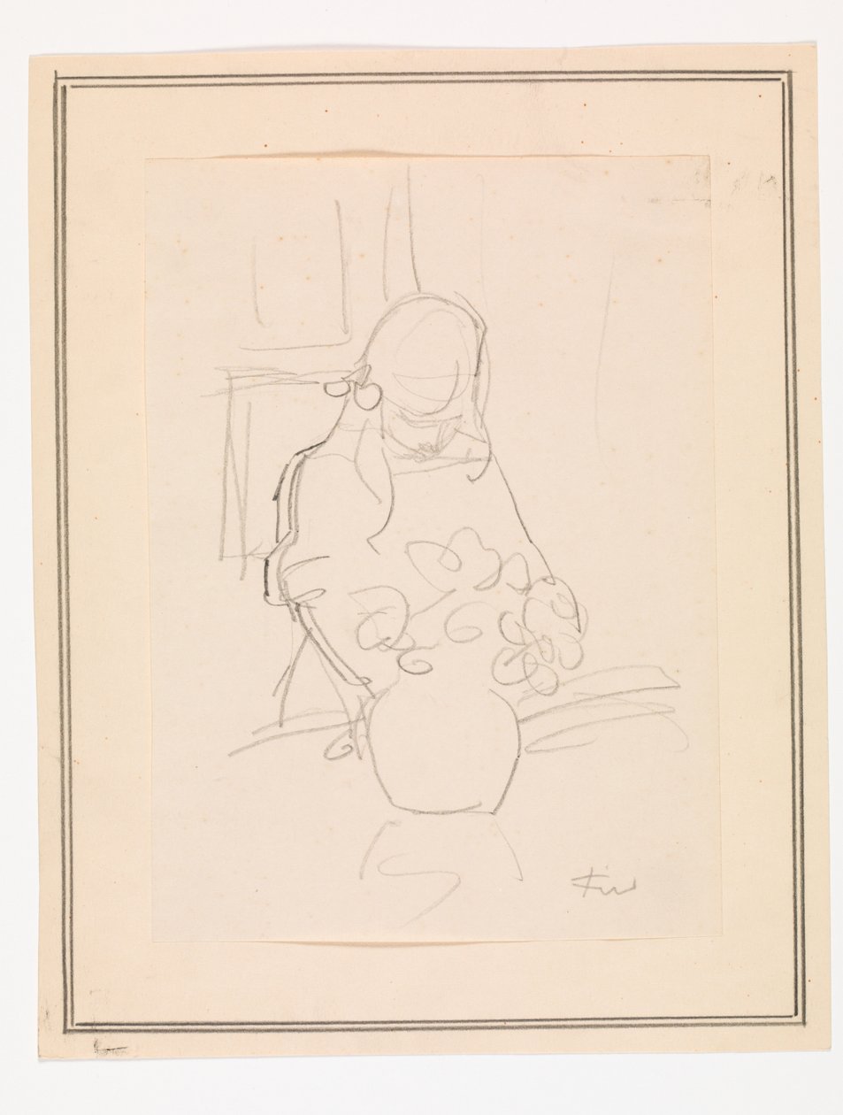Pige stående ved et bord med en vase af Ludvig Find