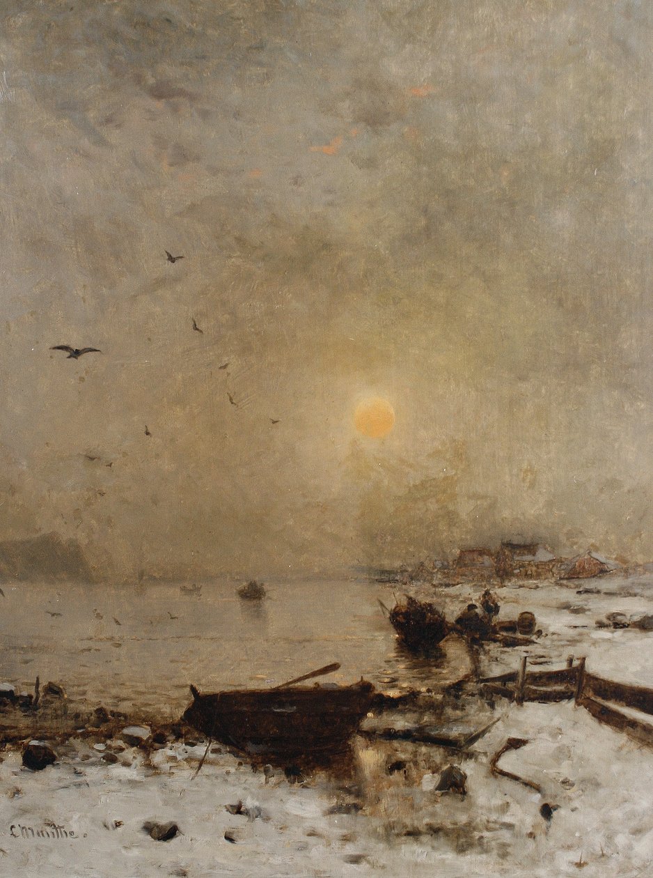 Solnedgang over en sø af Ludvig Munthe