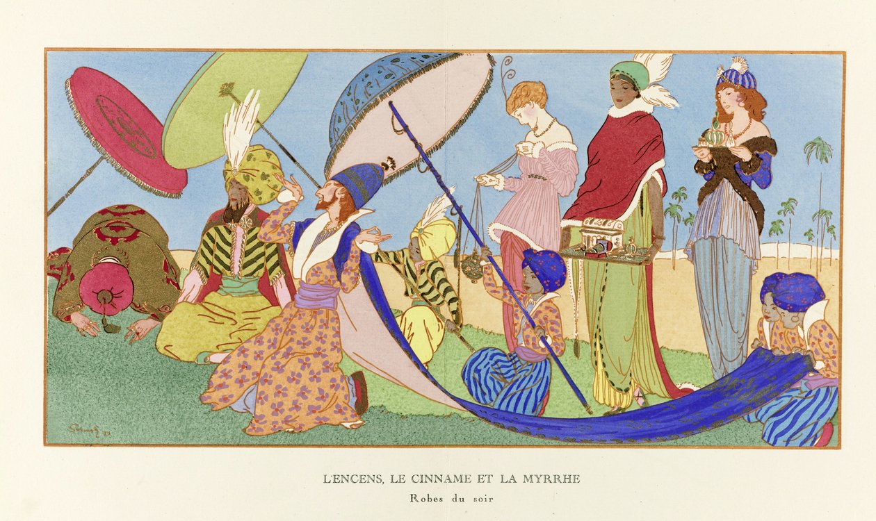 Frankincense, Cinname and Myrra fra La Gazette du Bon Ton, pub. 1914 (Skabelontryk) af Ludvik Strimpl