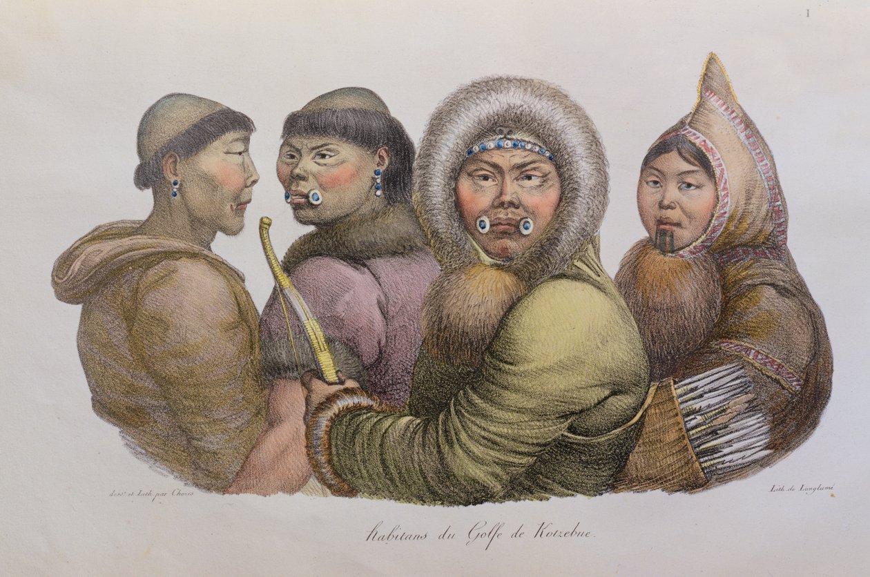 Natives of the Gulf of Kotzebue, Alaska, fra Voyage Picturesque Around the World, udgivet 1822 af Ludwig Choris
