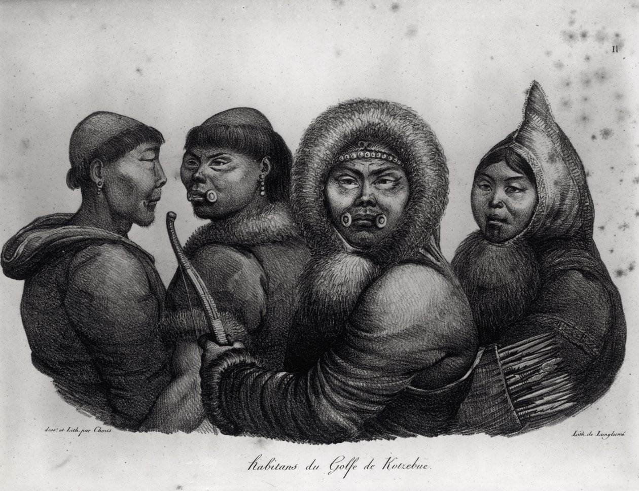 Indbyggerne i Kotzebue-bugten, fra "Voyage Pittoresque autour du Monde", graveret af Langlume (fl.1822-24) af Ludwig Choris
