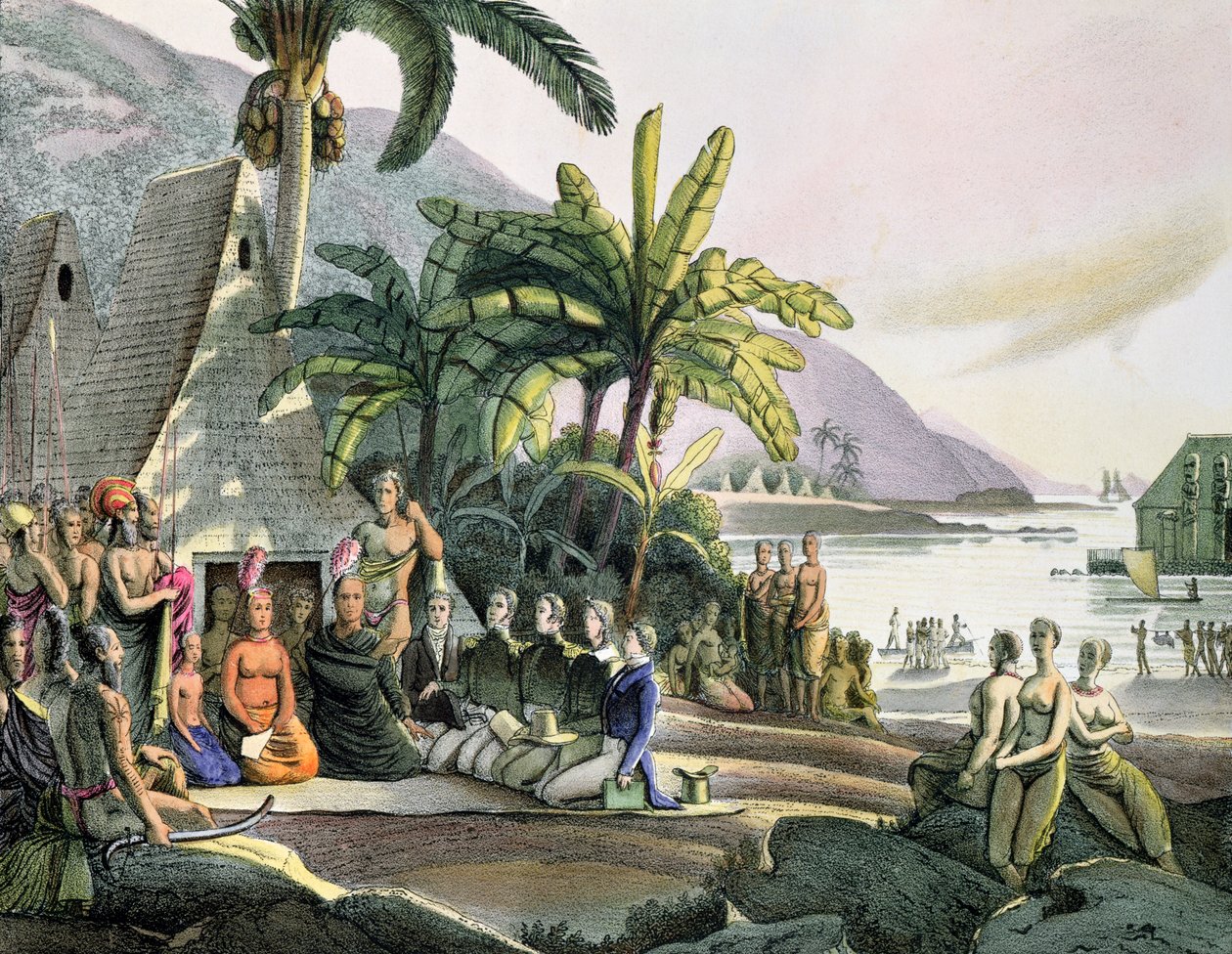 Møde mellem ekspeditionspartiet af Otto von Kotzebue (1788-1846) og kong Kamehameha I (174052-1819) Ovayhi Island af Ludwig Choris