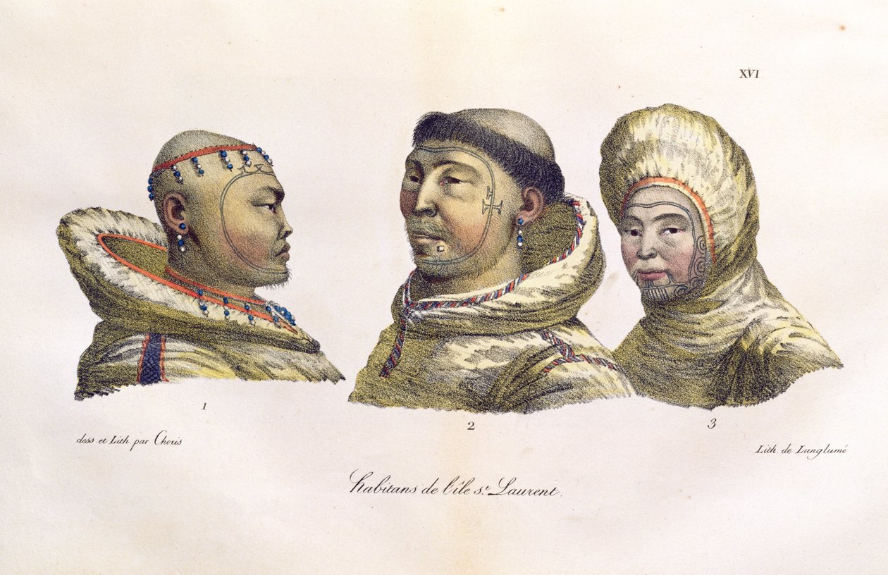Indfødte fra St. Lawrence Islands, Alaska, fra "Voyage Pittoresque Autour du Monde", udgivet i 1822 af Ludwig Choris