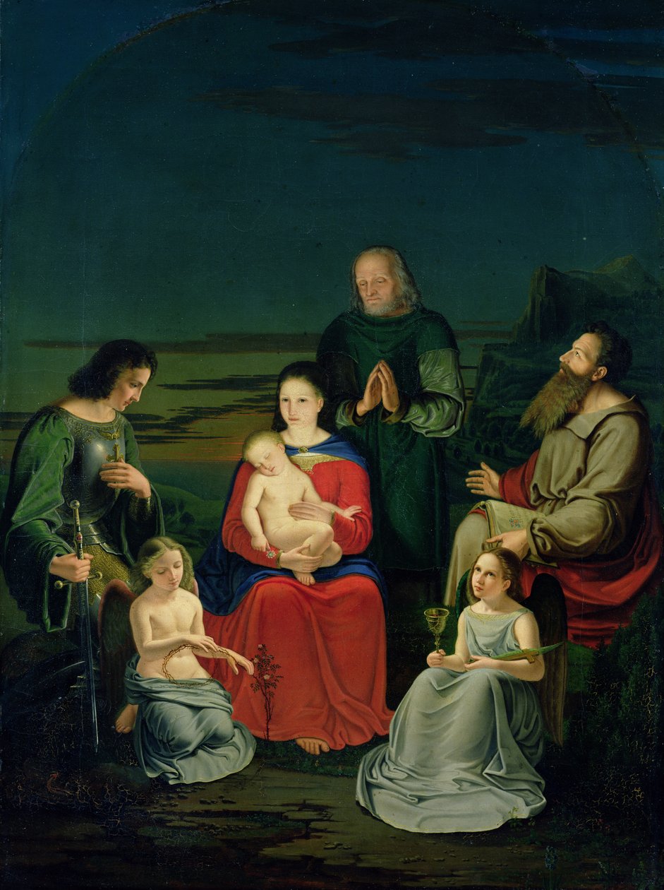 Hellig familie med engle og hellige, ca. 1824 af Ludwig Emil Grimm